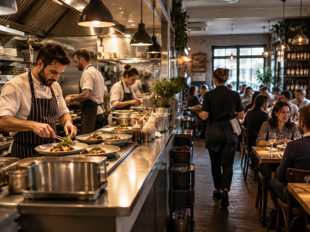 Chefs plating food in a busy independent restaurant kitchen