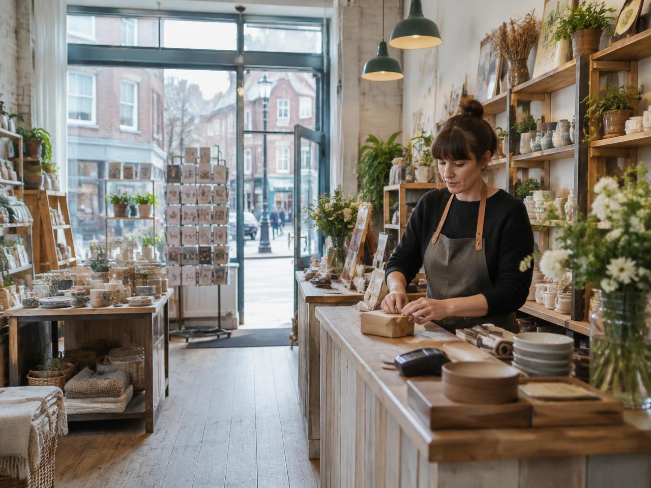 Shopkeeper wrapping a purchase behind the counter of a high street shop