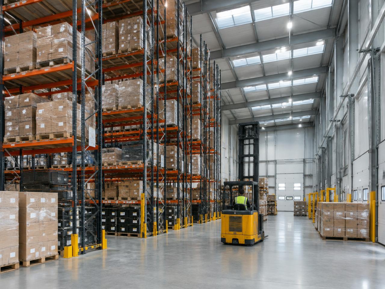 Forklift operating inside a modern UK distribution warehouse